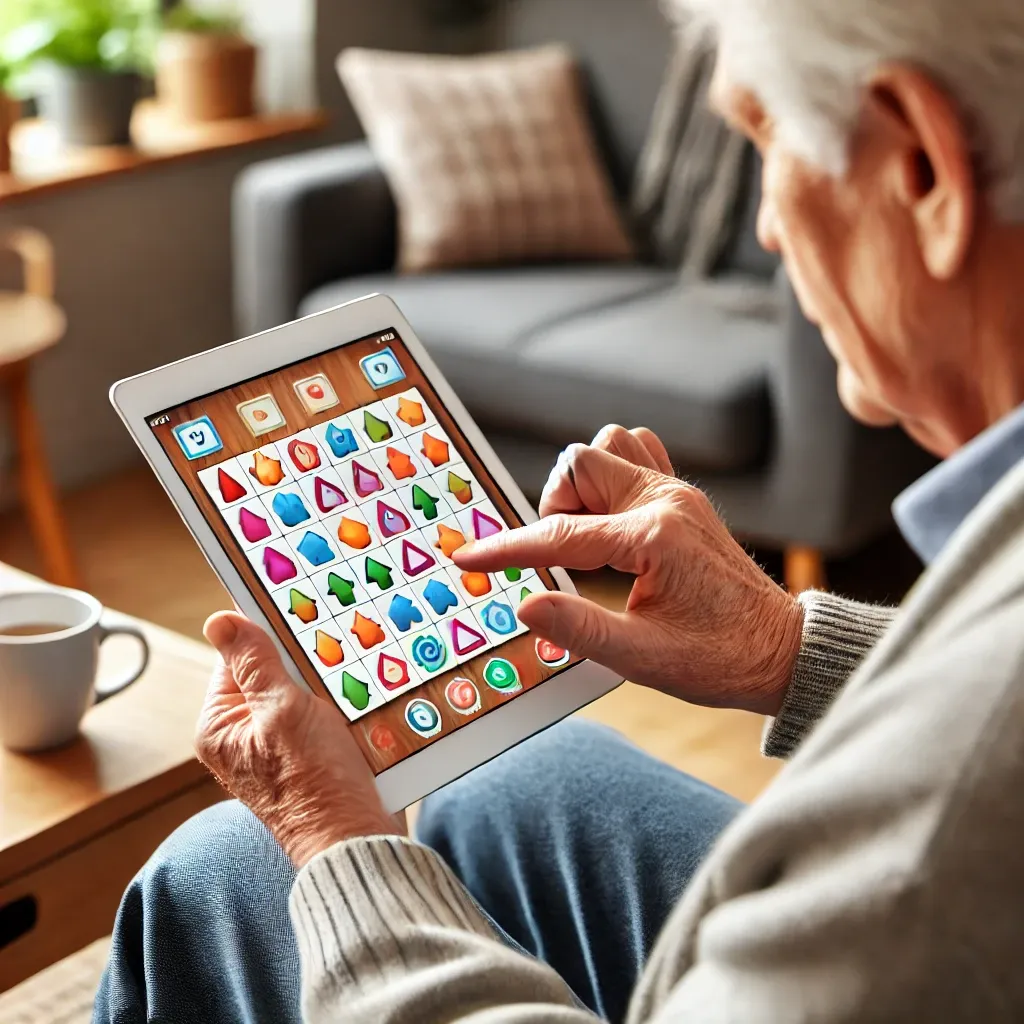 태블릿으로 기억력 게임을 하는 웃고 있는 노인