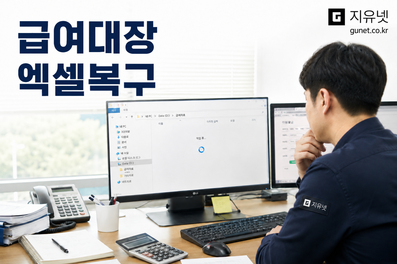 분당 수내역 근처 사무실에서 급여대장 엑셀 파일이 열리지 않아 컴퓨터 데이터 복구 확인을 진행하는 장면
