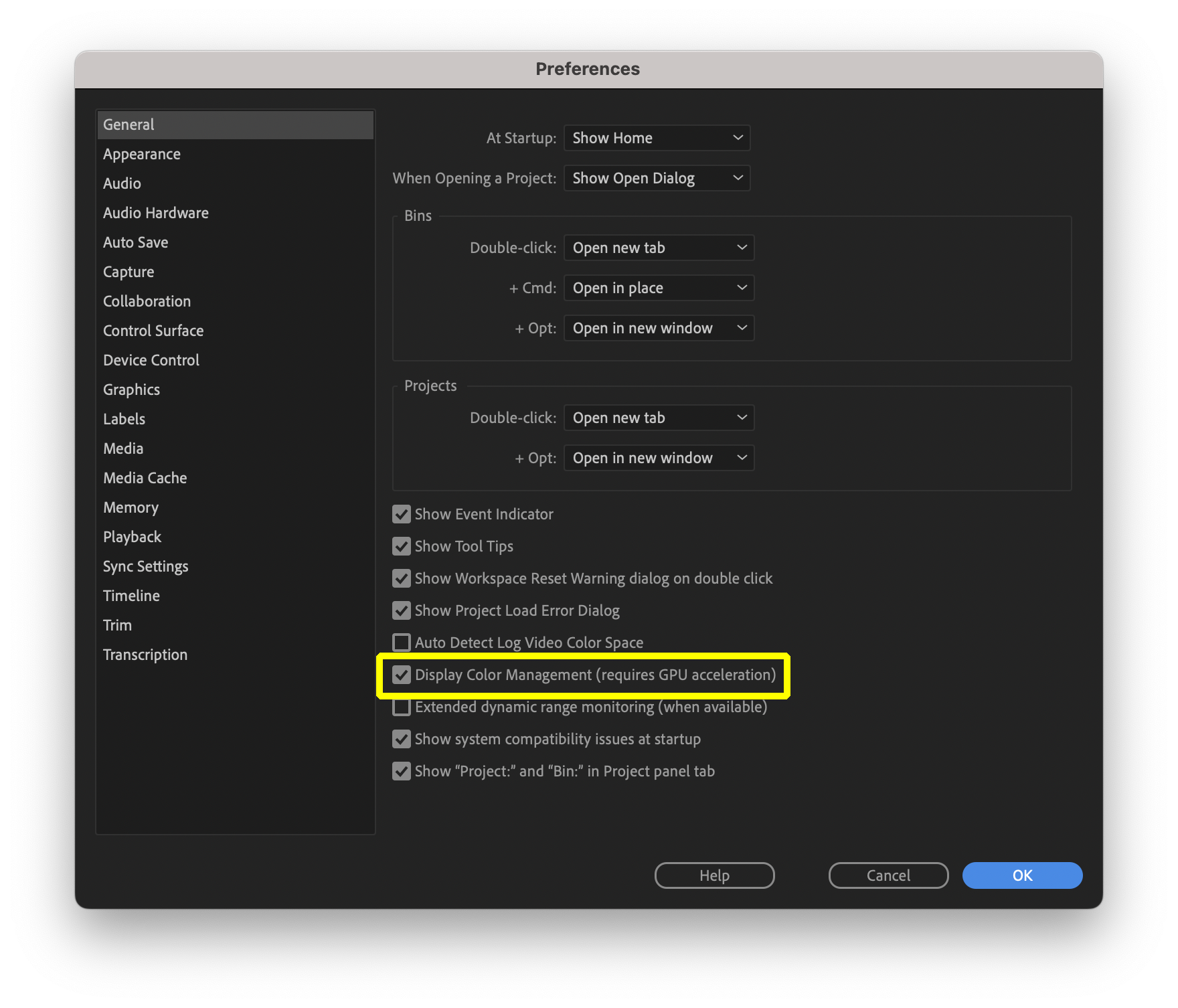 프리미어 프로 설정-일반-컬러 매니지먼트