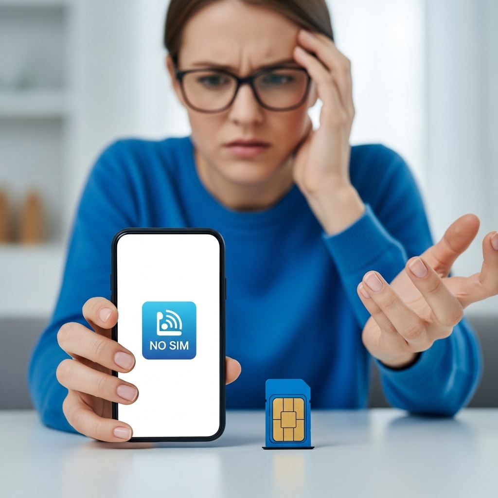 KT 유심 인식이 안 되어 당황한 사람이 스마트폰과 유심 트레이를 들여다보는 모습