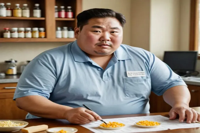 기름진 음식을 먹고 있는 중년 남성, 지방간 유발 식단의 예시
