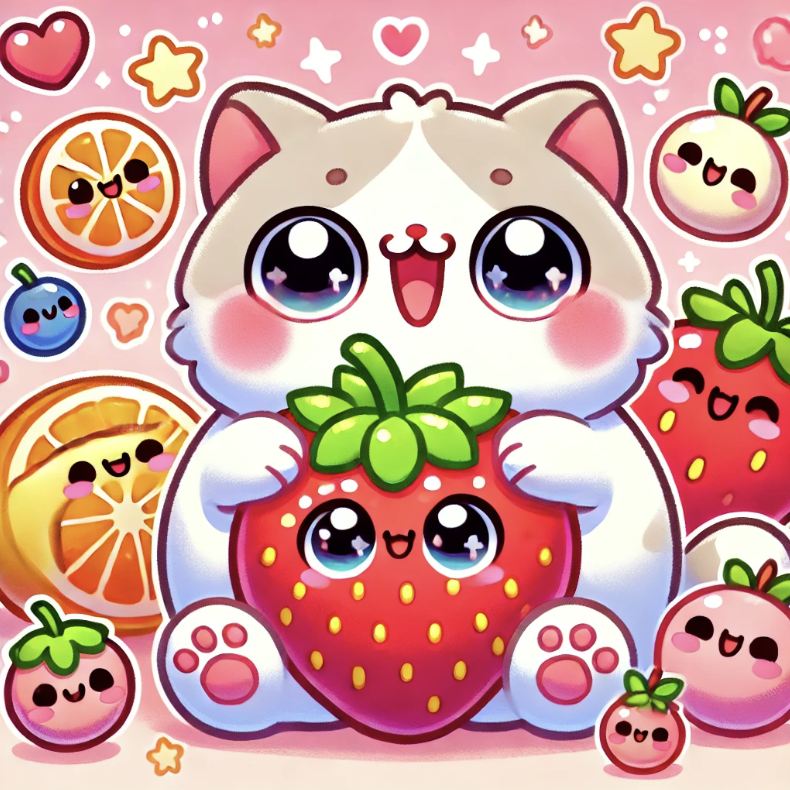 과일을 좋아하는 고양이를 표현한 사진