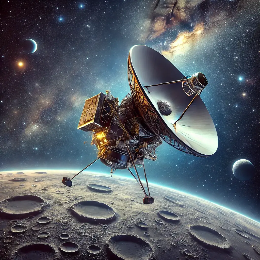 뉴호라이즌스호의 모습 안테나와 같은 원반모양의 모습이 앞에 있고 뒤로는 복잡한 기계들의 조합이다. 우주를 떠도는 뉴호라이즌스호의 모습 뒤로는 광활한 우주가 펼쳐져 있다.