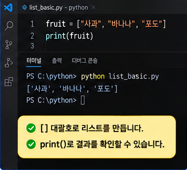 파이썬 리스트 생성 코드와 출력 결과