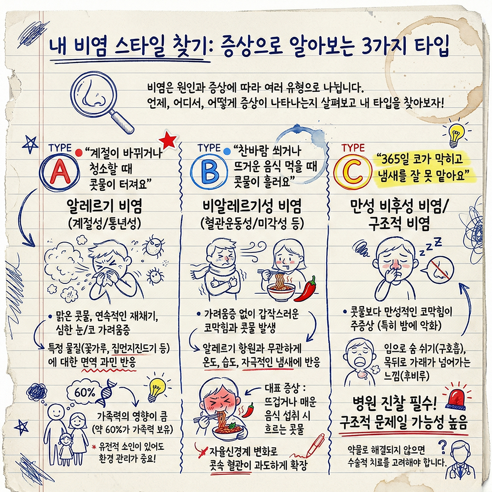 비염증상, 비염스타일, 만성비염, 비염종류, 비염타입, 알레르기성비염, 비알레르기성비염