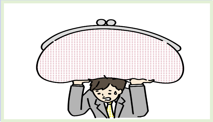 정장을 입은 남성이 빈 지갑을 상징하는 거대한 핑크색 동전지갑을 머리 위로 들고 있는 모습으로 생활비 부담과 채무 스트레스를 표현하고 있음