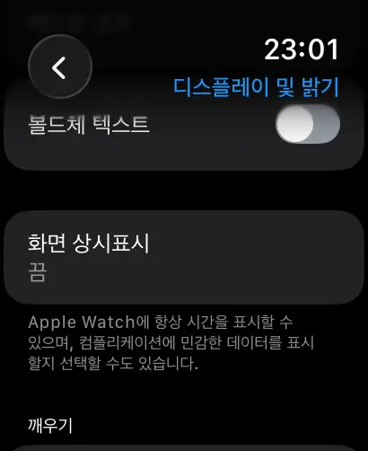 애플워치 설정 디스플레이 및 밝기 항상 켜짐 AOD 끄기 화면