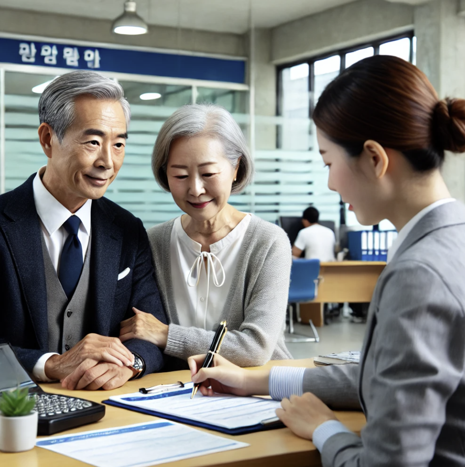 연금 청구 방법을 알아보기 위해 연금공단을 방문한 부부
