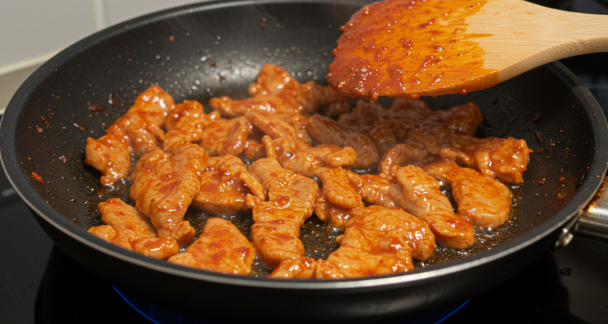 빨갛게 양념된 돼지고기가 들어가 센 불에 빠르게 볶아지고 있다