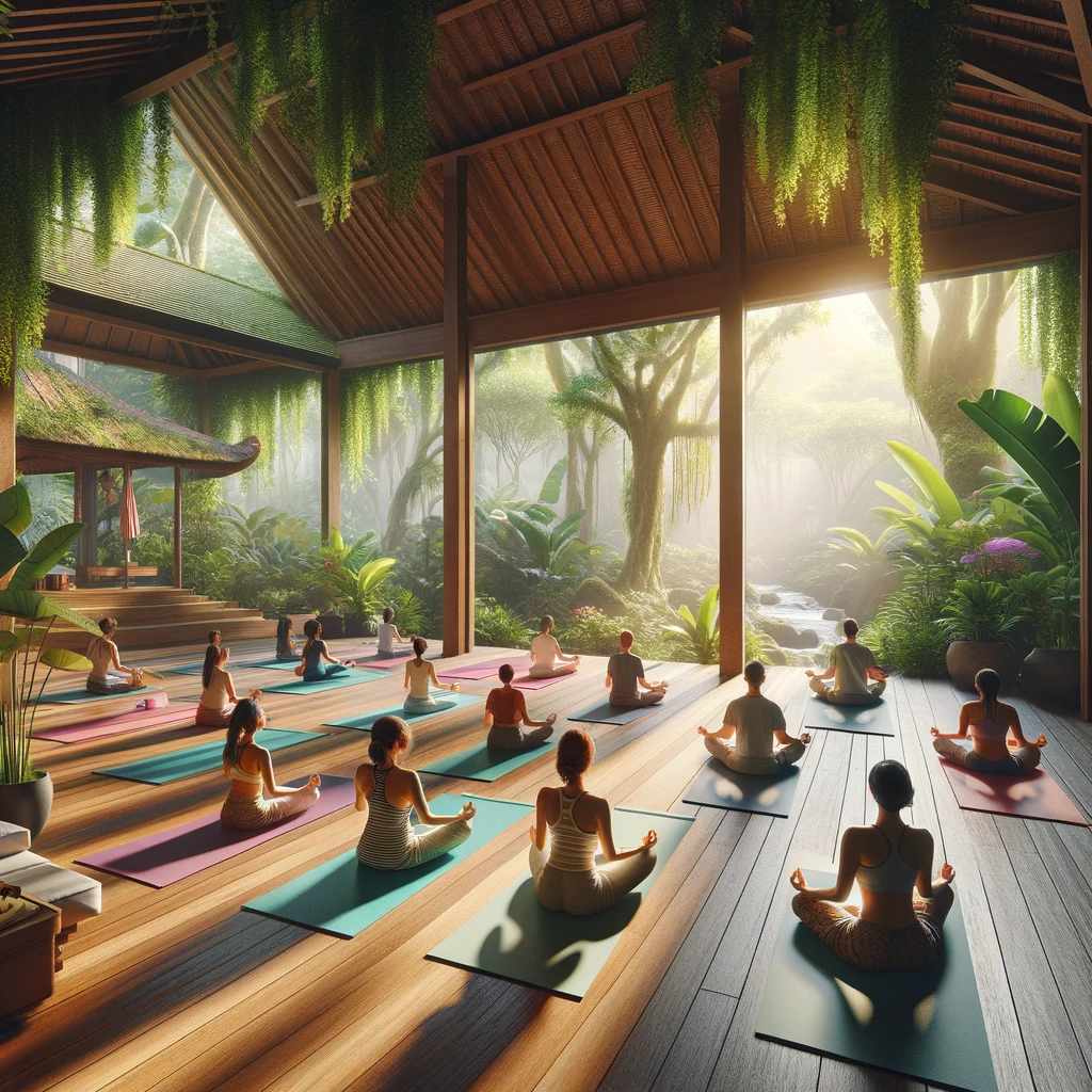 우붓의 평온한 요가 스튜디오에서 요가를 하는 모습