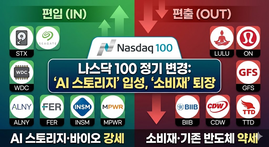 나스닥 100(Nasdaq 100) 지수 정기 변경 결과를 요약한 금융 그래픽