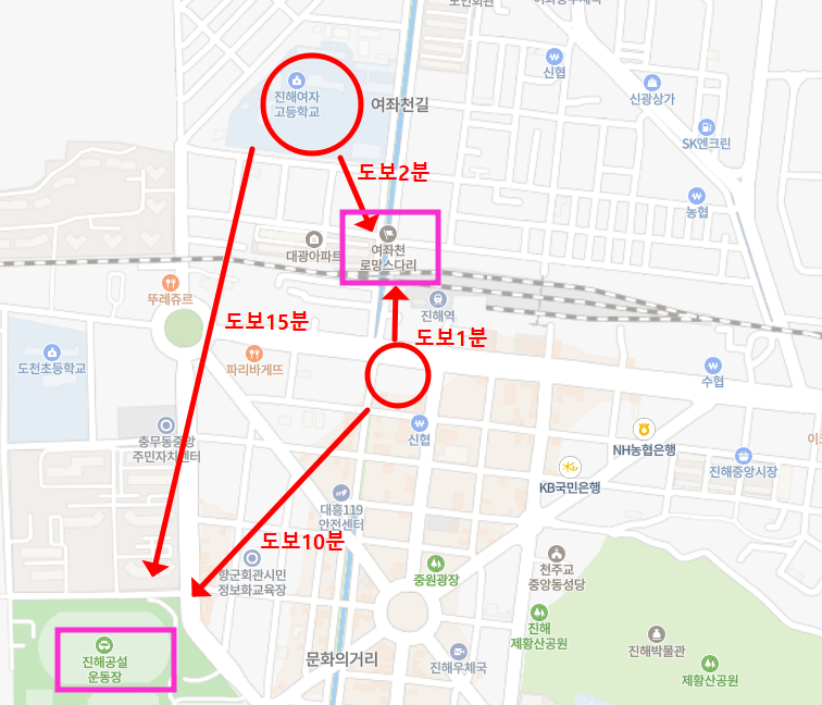 진해 군항제 무료 주차장에서 주요 행사장까지 거리정보를 나타낸 지도 사진