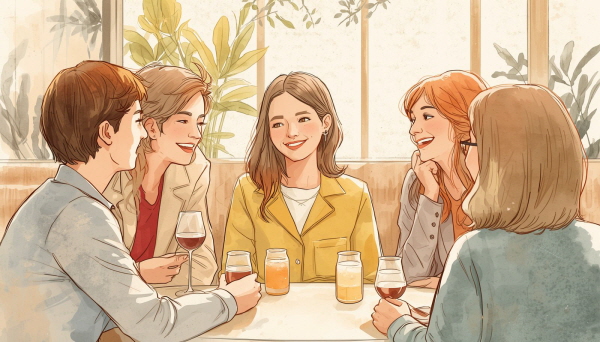 ESFP는 사람들과 함께 있을 때 빛나는 경우가 많다. 분위기를 편안하게 만들고, 웃음을 자연스럽게 이어 가며, 주변 사람들에게 따뜻한 에너지를 주기도 한다에 관한 그림입니다.
