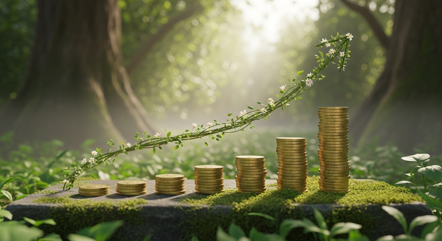 시간이 지남에 따라 점진적으로 커지는 복리 효과를 시각적으로 보여주는 성장 곡선.