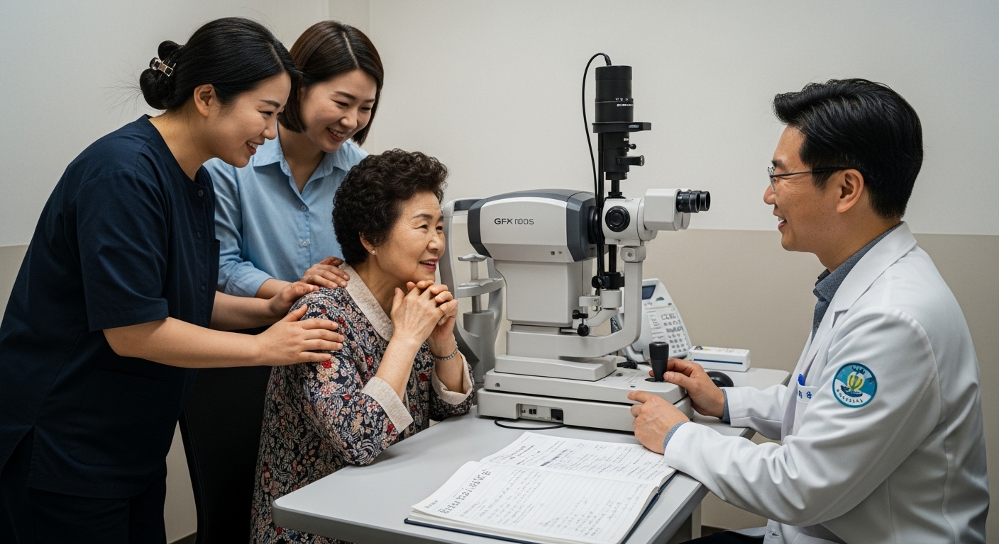 백내장 수술 회복 2주 차 외래 검진 - 시력 회복 확인 장면