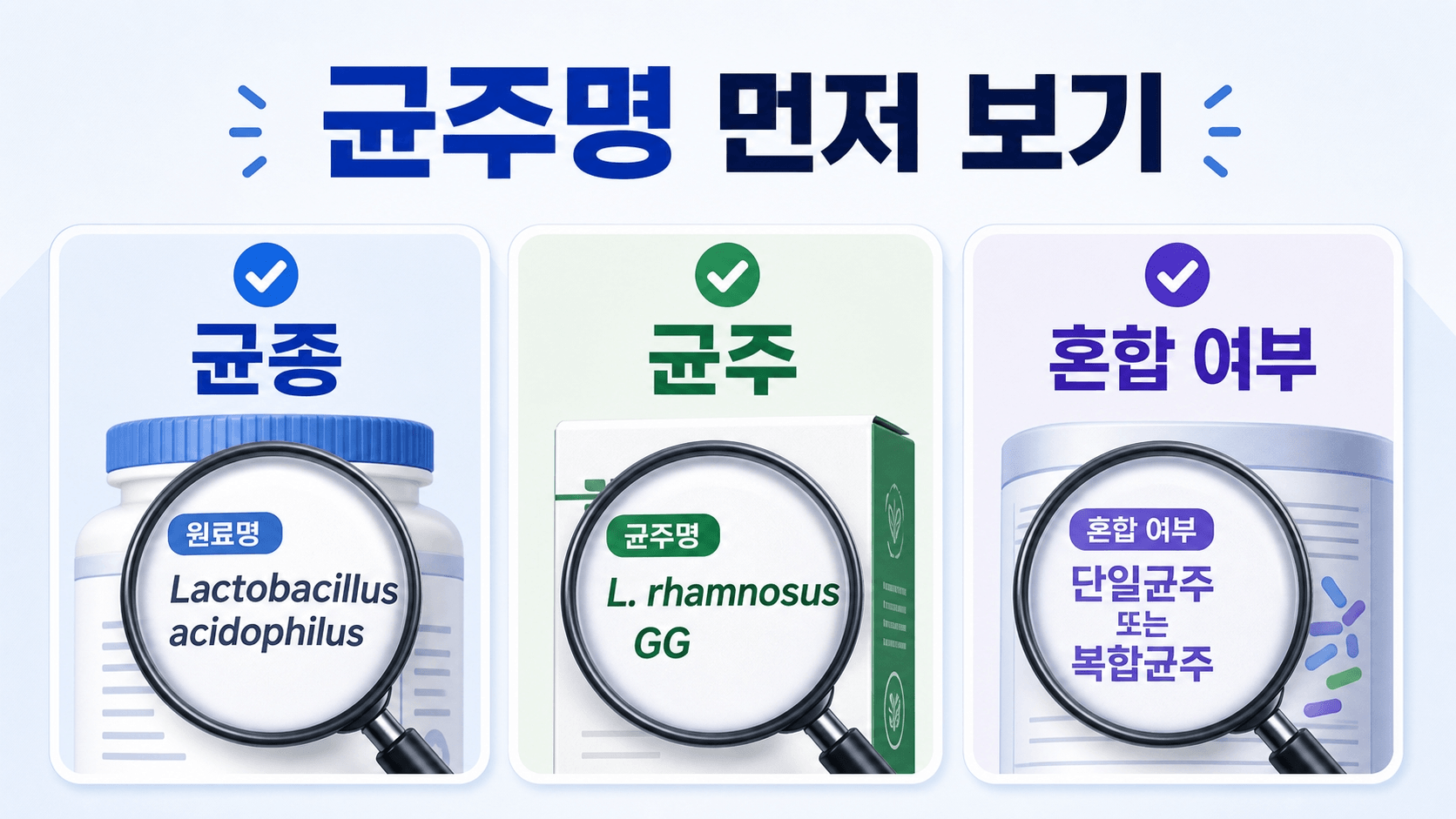유산균 균주명과 균종명을 구분해 확인하는 체크 이미지