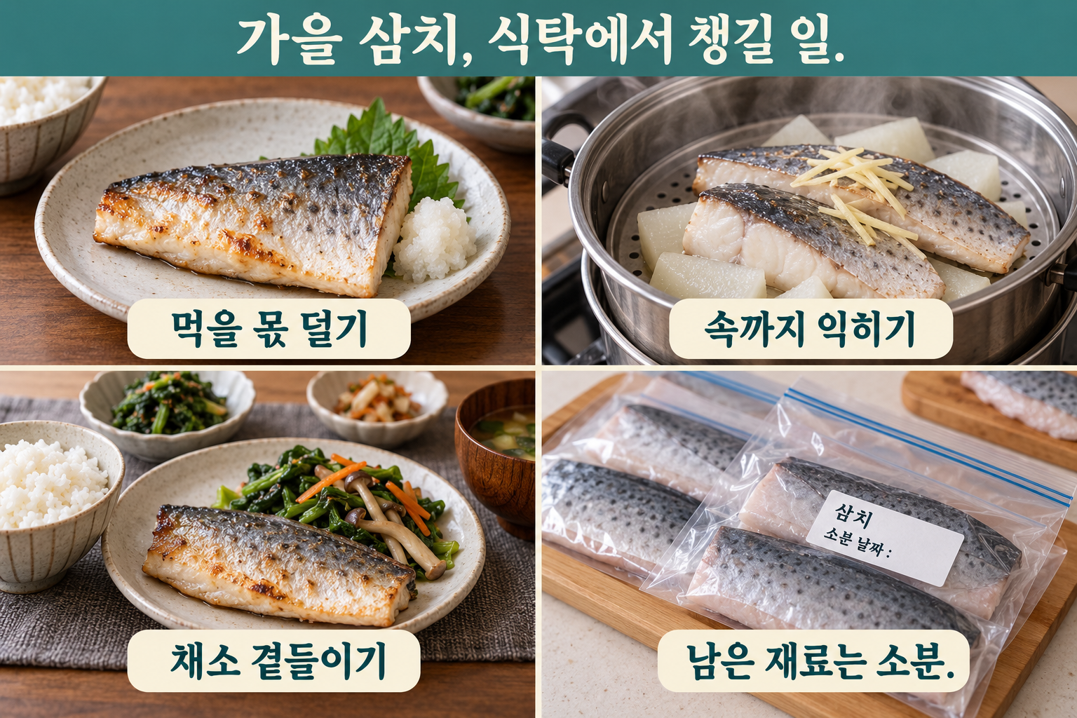 먹을 몫 덜기&middot;속까지 익히기&middot;채소 곁들이기&middot;원물 소분의 네 장면.