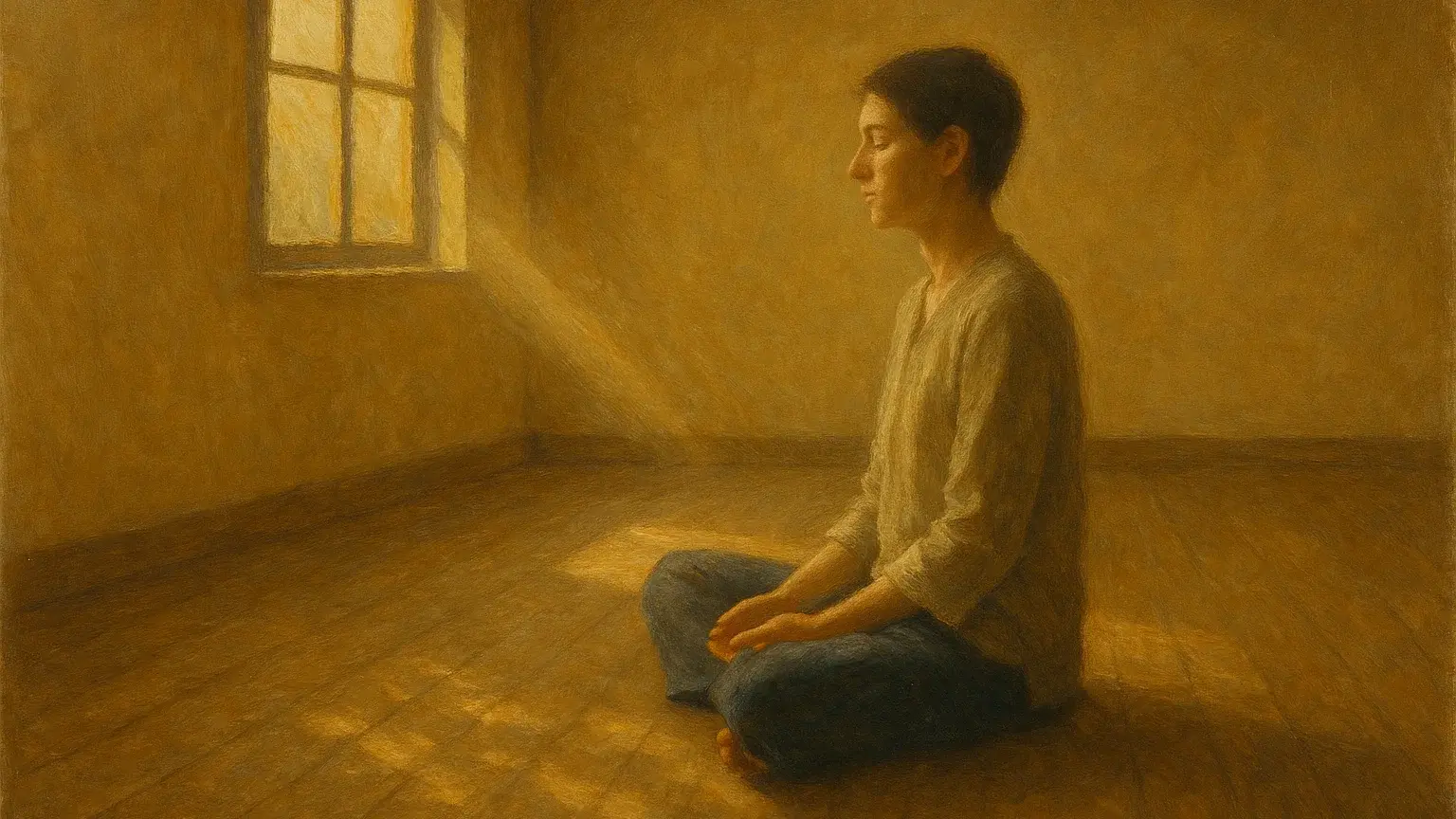 고요한 명상 공간에서 자연광이 들어오는 평화로운 알아차림 실천 모습