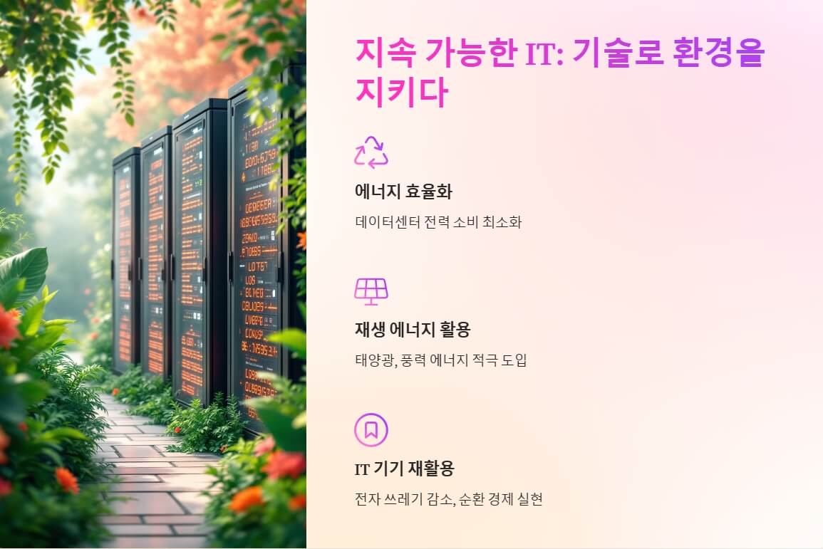 녹음이 우거진 자연 속에서 친환경 데이터센터를 나타내는 서버 랙. 주변에 초록 식물들이 데이터센터를 둘러싸고 있는 장면