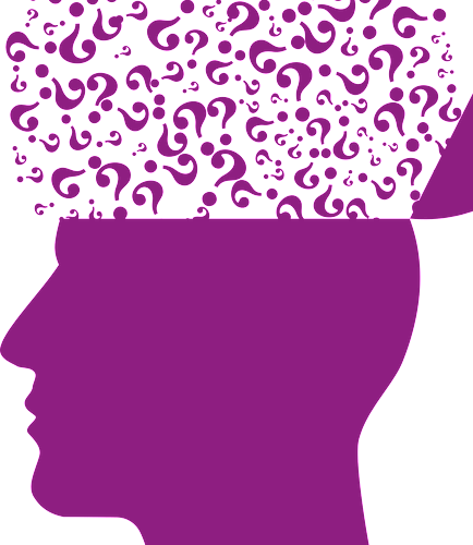 남자 머리가 열리고 수많은 물음표가 뿜여져 나오는 보라색 그림이다.