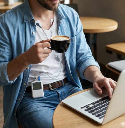 24시간 홀터 검사를 착용한 채 일상생활을 하는 환자