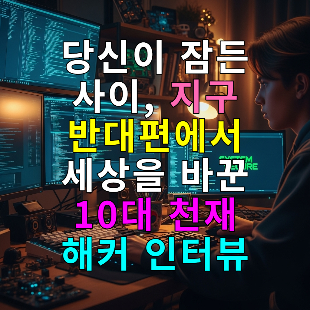 어두운 방 안에서 모니터 불빛을 받으며 코딩에 집중하고 있는 10대 천재 해커의 모습