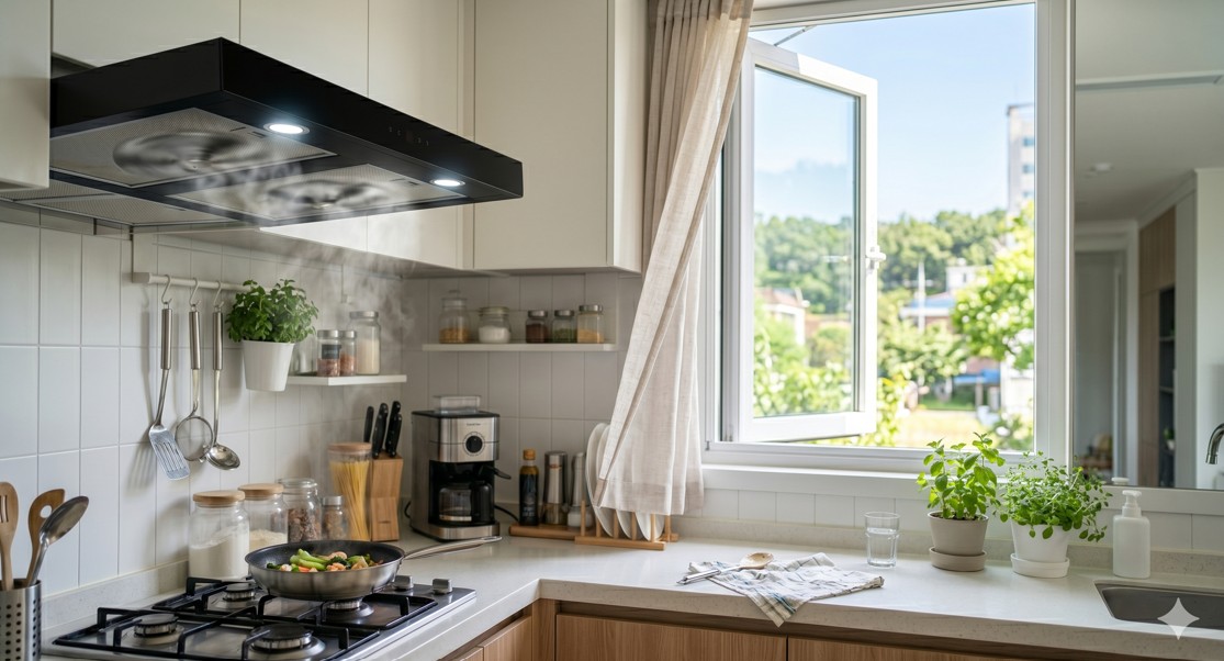 활짝 열린 주방 창문으로 신선한 공기가 들어오고 환풍기가 돌아가는 모습