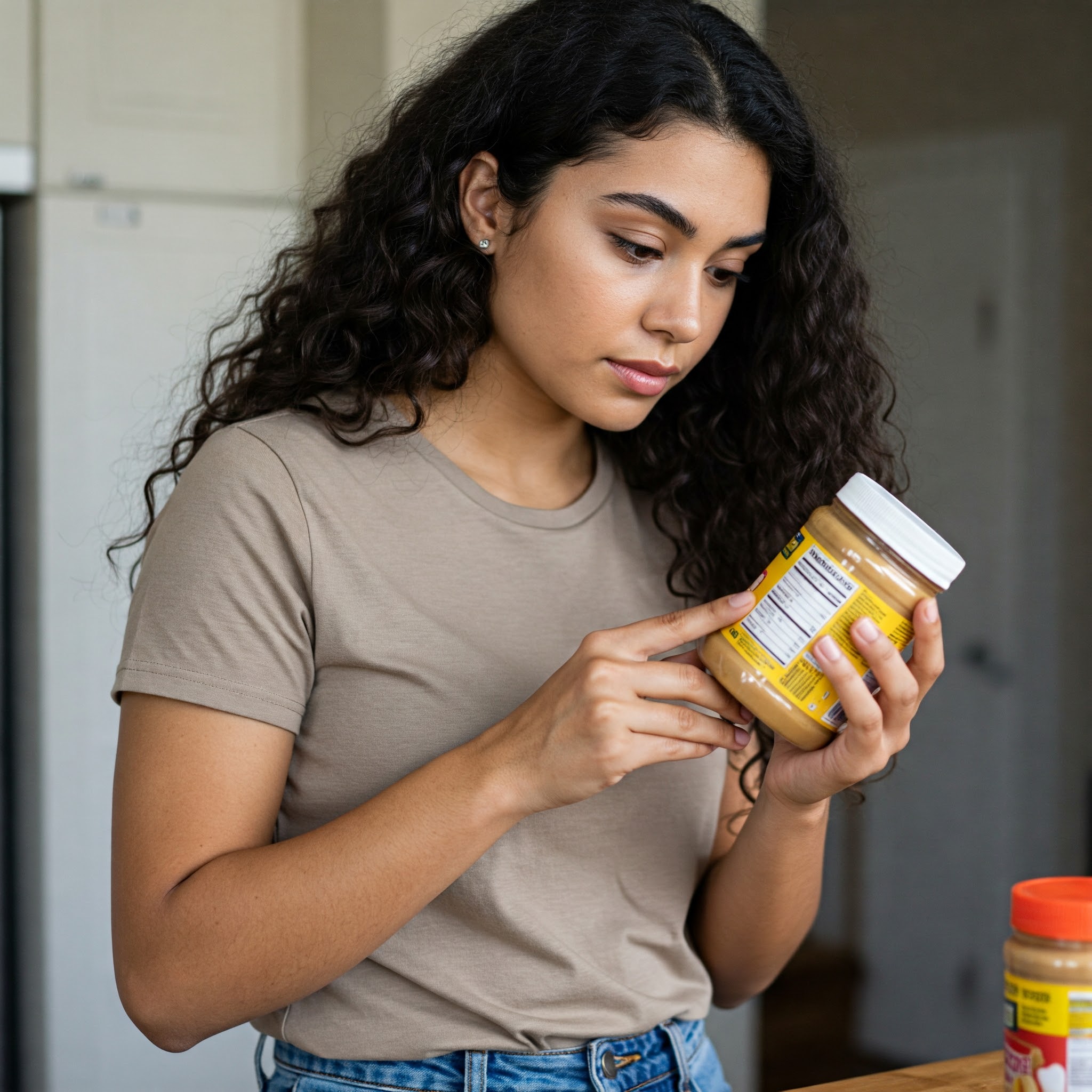 식품 겉면에 적혀있는 첨가물을 보는 여성