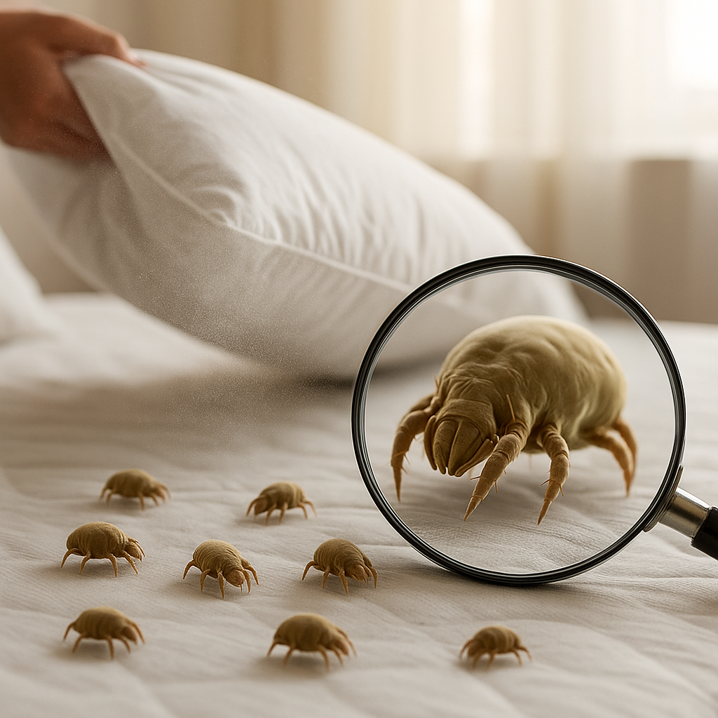 하얀 침구 위에서 베개를 털자 먼지가 날리고, 진드기 여러 마리가 보이며 확대경에 확대된 진드기가 클로즈업된 모습