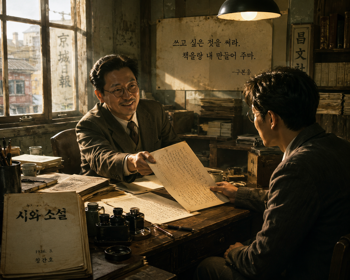 1936년 경성의 작은 출판사.
오래된 목조 책상 위에는 원고지와 만년필, 잉크병, 그리고 이제 막 세상에 나올 준비를 마친 『시와 소설』 창간호가 놓여 있다.
창밖으로는 조용한 봄 햇살이 스며들고, 실내의 어둠을 가르며 원고 위를 비춘다. 그 빛은 단순한 자연광이 아니라 자유로운 창작을 비추는 희망의 빛을 상징한다.
화가 구본웅은 미소를 띠며 원고를 내민다.
"쓰고 싶은 것을 써라. 책은 내가 만들어 주마."
그 말은 출판 제안이 아니라, 창작자의 사유를 있는 그대로 존중하겠다는 신뢰의 약속이다.
마주 앉은 이상은 원고를 받아 들며 조용히 미소 짓는다. 그의 표정에는 안도감과 설렘, 그리고 앞으로 펼쳐질 새로운 문학에 대한 기대가 담겨 있다.
책상 위의 원고는 아직 한 권의 책이 아니지만, 이미 하나의 세계가 되어 있다.