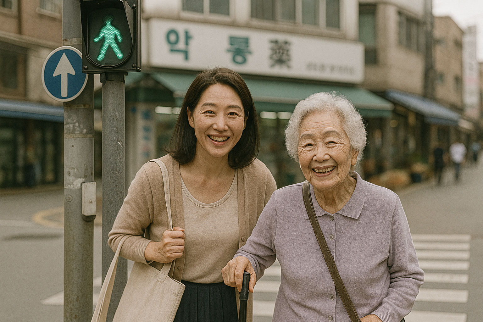 Middle-aged woman supporting her elderly mother across a city crosswalk under a green pedestrian light&amp;#44; symbolising inter-generational support to claim the coupon.
