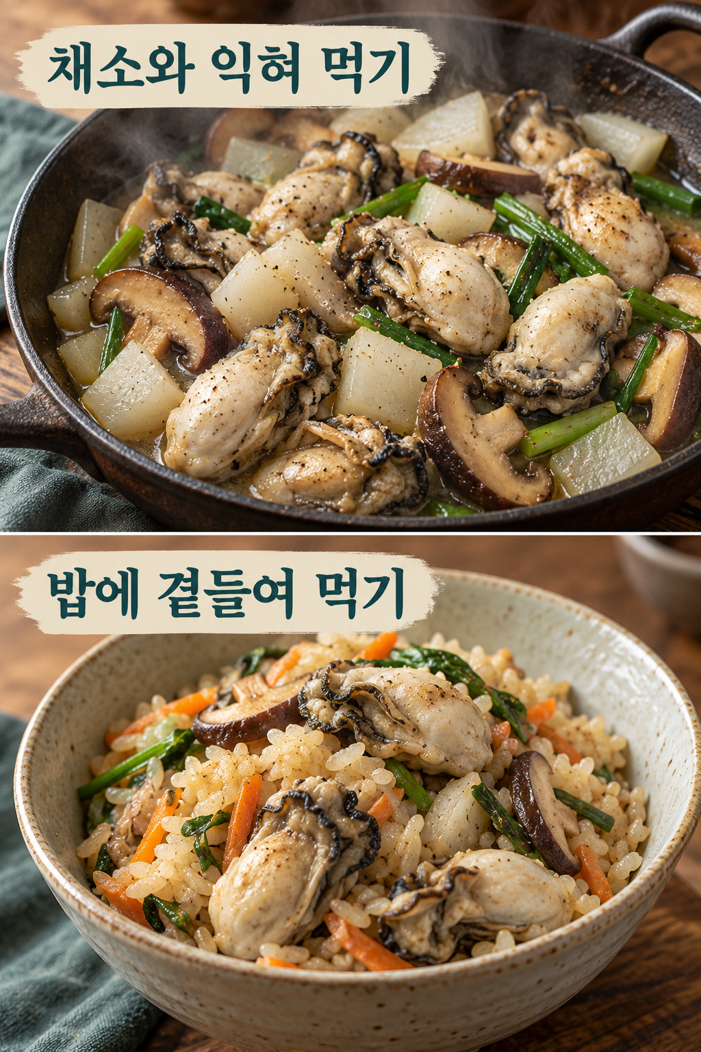 무&middot;버섯과 익힌 굴 요리, 충분히 익힌 굴채소밥의 두 가지 메뉴.