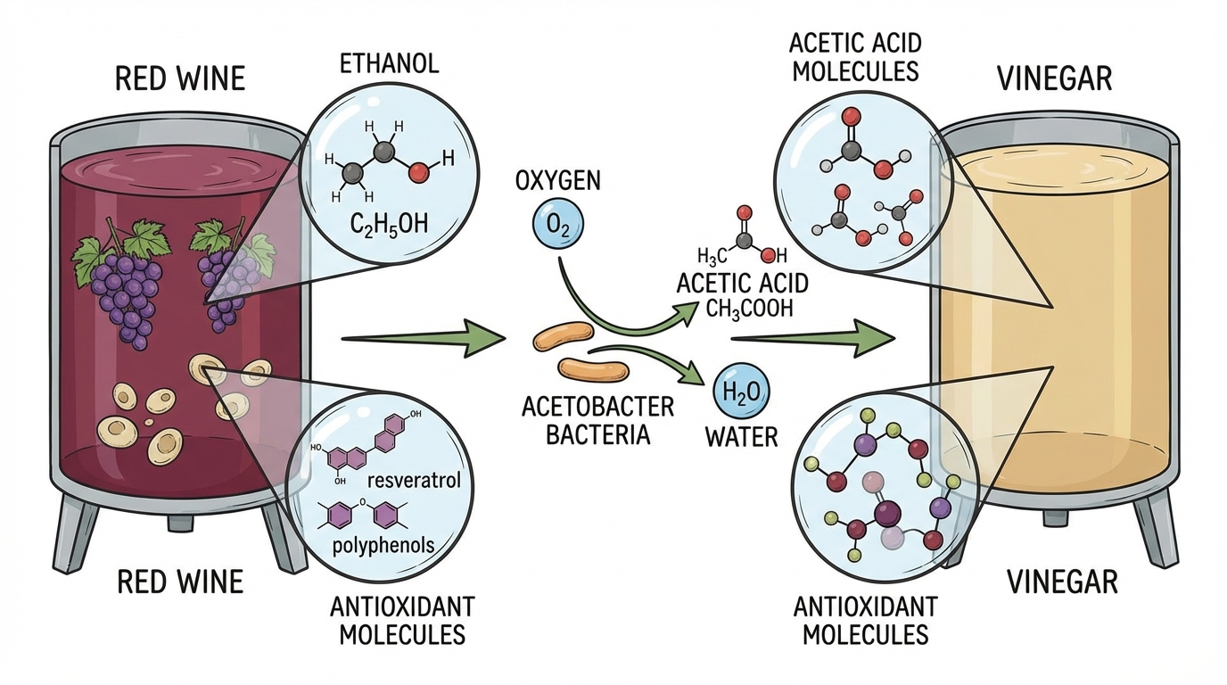 레드와인이 식초로 발효되는 과정을 시각화한 교육용 이미지
