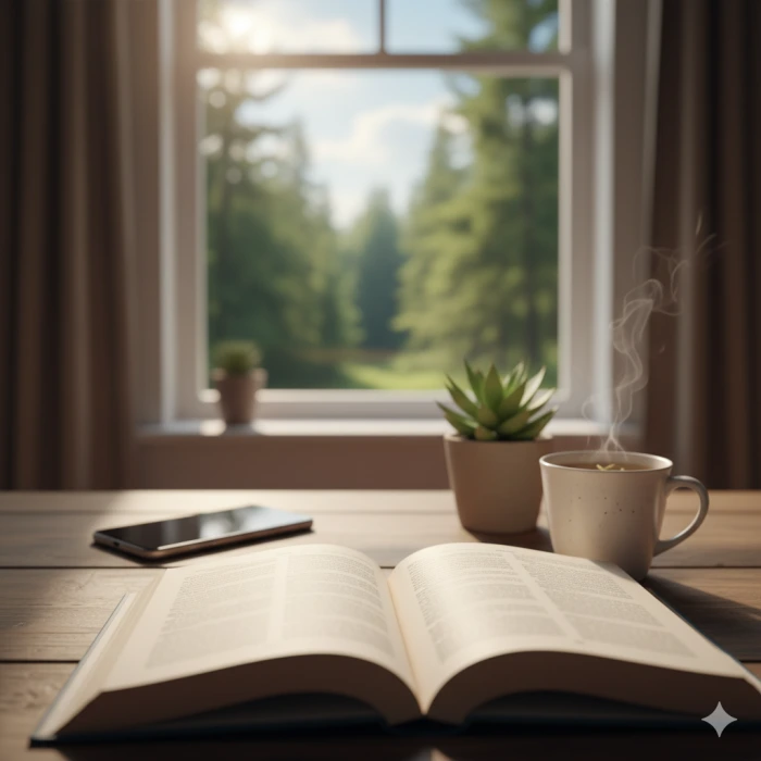 스마트폰이 멀리 놓여있고, 그 자리에 책, 식물, 또는 자연 풍경이 보이는 이미지가 디지털 디톡스와 평화를 상징함.