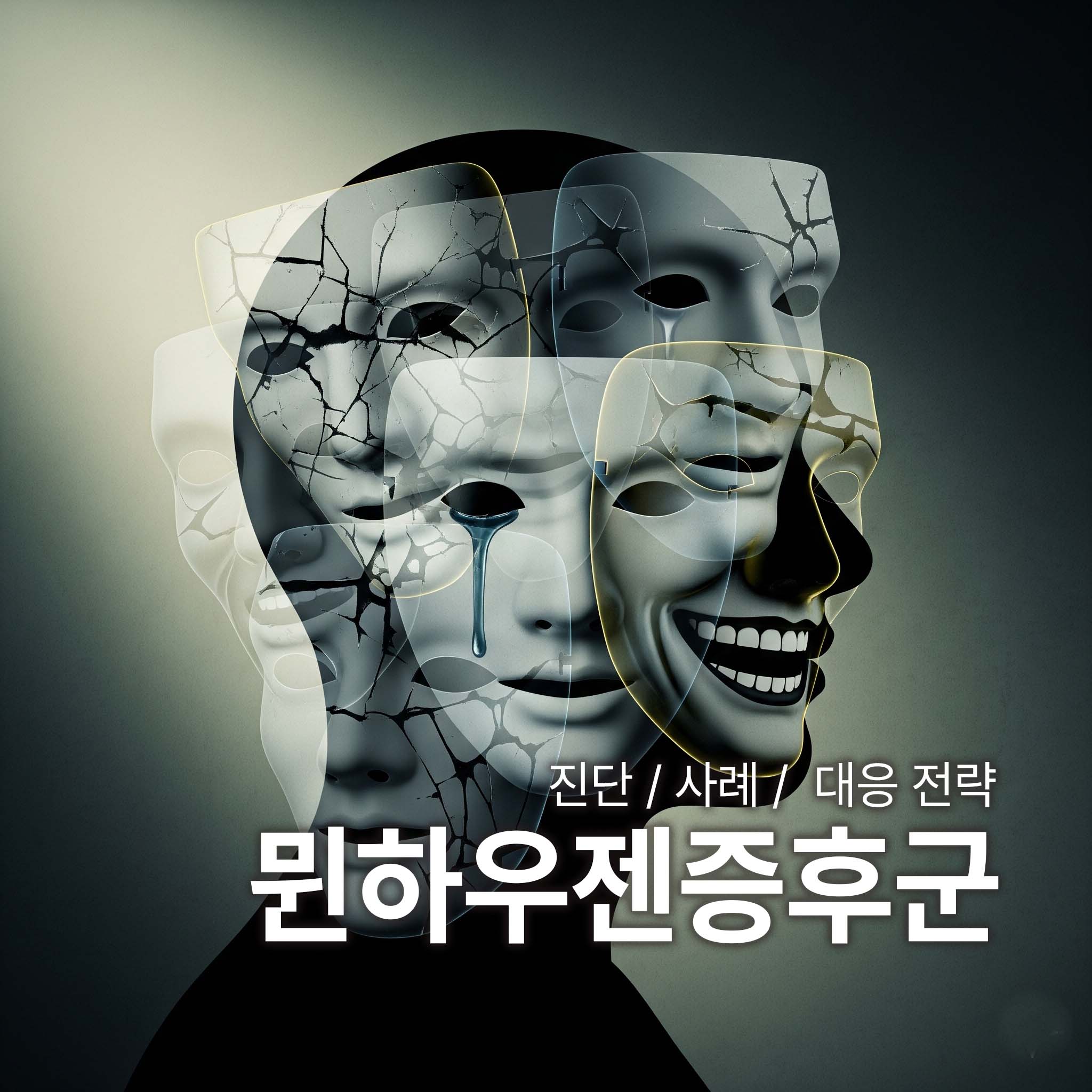 뮌하우젠증후군의 특징을 나타낸 이미지.자신의 아픈 모습을 꾸며내거나 다른 사람을 속이는 행위는 '가면' 뒤에 숨는 것과 비슷하다고 볼 수 있습니다. 가면을 쓴 사람의 실루엣이나, 여러 개의 가면이 겹쳐 있다. 이는 이중적인 심리를 상징적으로 보여줄 수 있다.