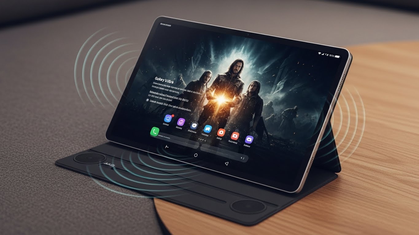 편안한 표면(예: 부드러운 담요 또는 현대적인 나무 테이블)에 놓인 삼성 갤럭시 탭 S11 울트라의 스타일리시하고 약간 높은 사진으로, 4개의 AKG 스피커에서 은은하게 오디오 파동이 방출됩니다.