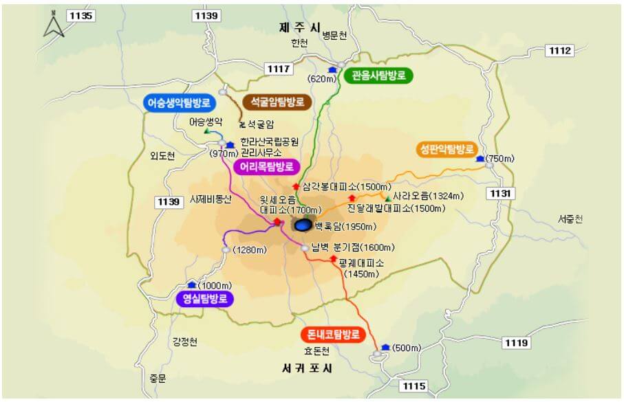 한라산 탐방로 안내(정상 탐방, 코스별 지도,입산 시간)