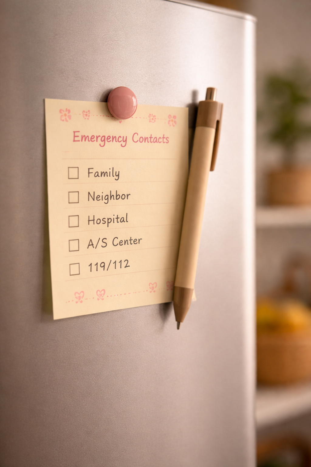 냉장고에 자석으로 붙여둔 비상 연락처(Emergency Contacts) 메모