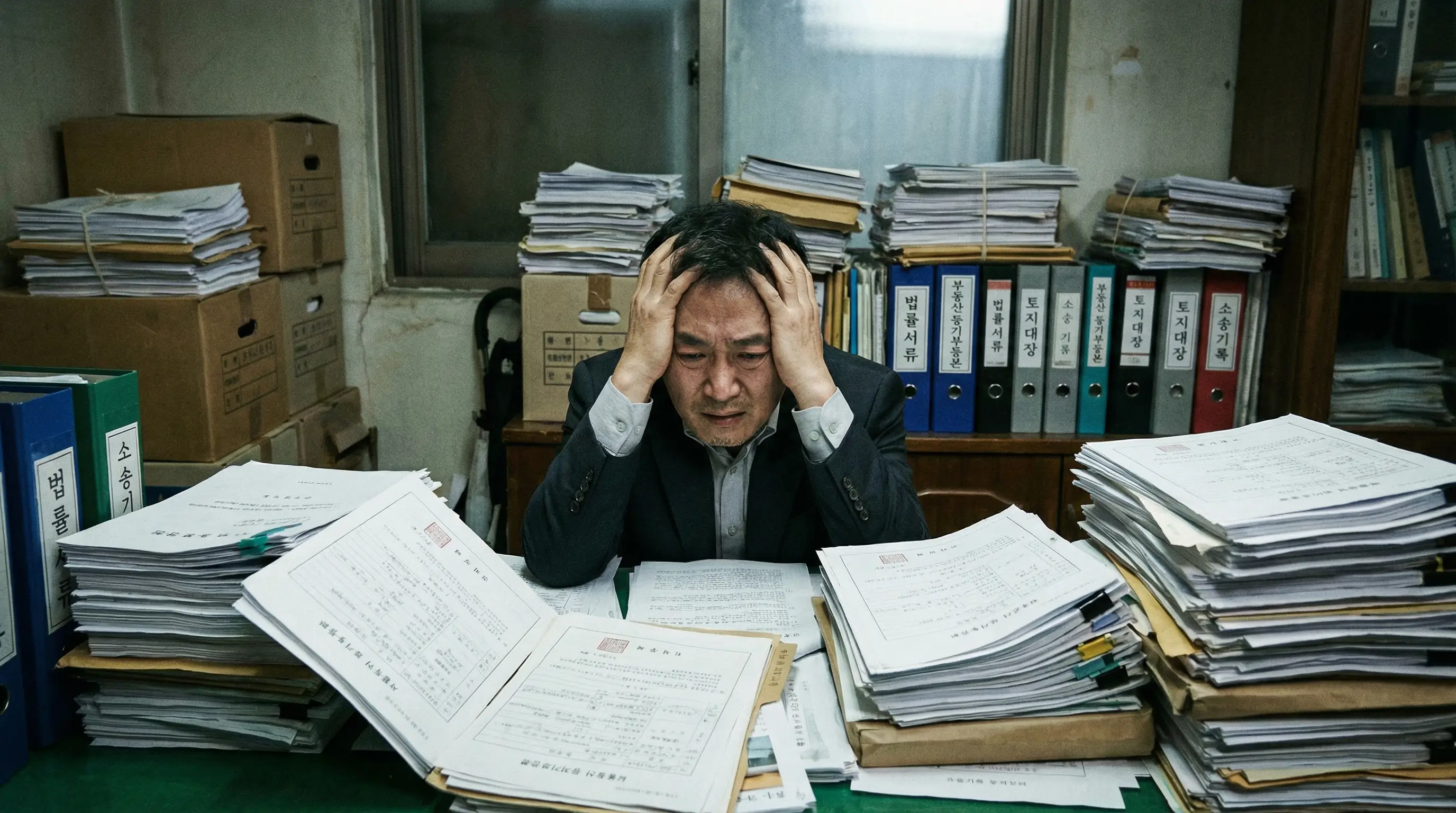 산더미처럼 쌓인 법률 서류와 복잡한 부동산 등기부등본을 보며 고뇌하는 사람의 모습
