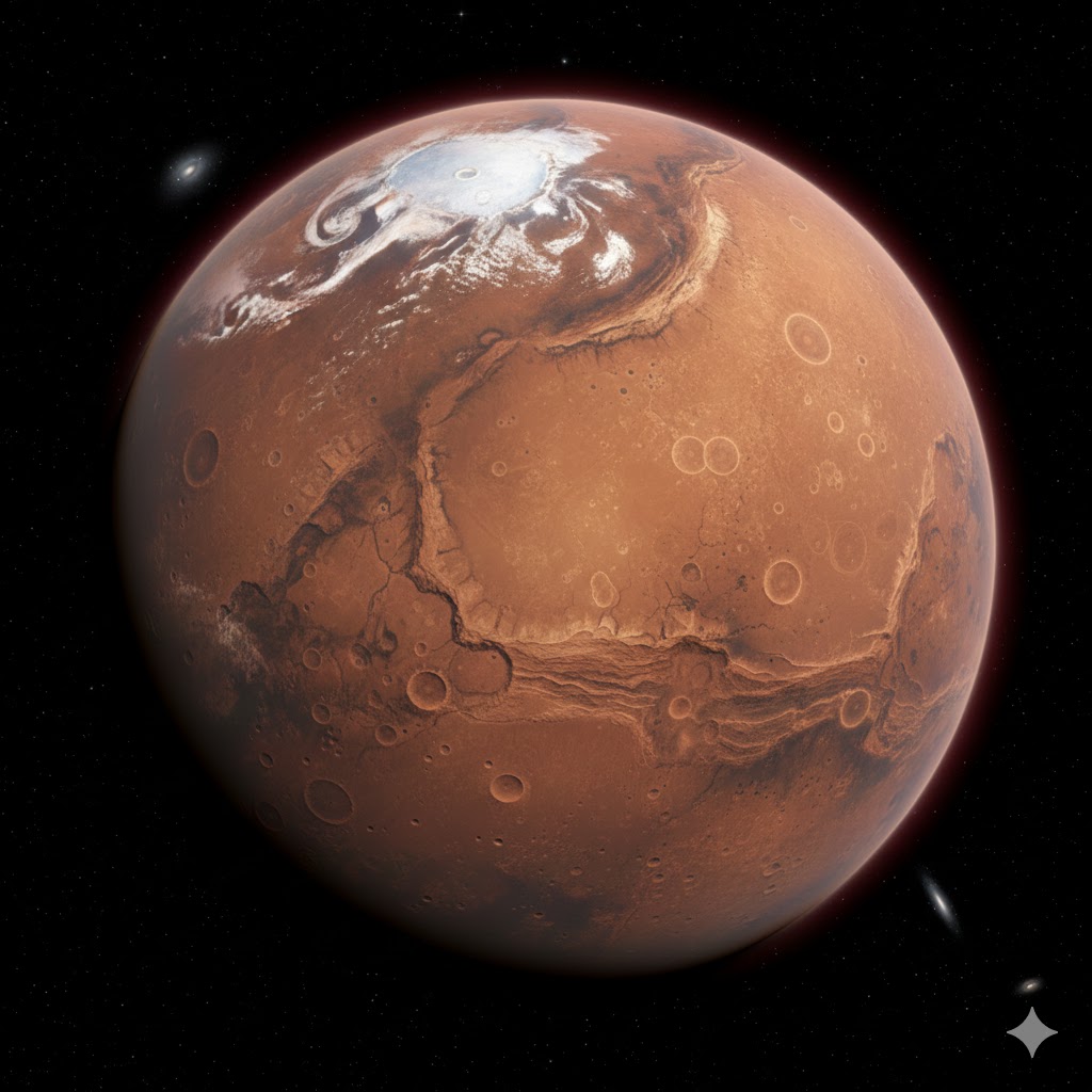 검은 우주 공간을 배경으로 한 화성의 고해상도 전체 모습입니다. 행성 표면은 붉은 산화철 먼지로 뒤덮여 있으며, 거대한 협곡 지형인 마리네리스 협곡과 수많은 크레이터가 선명하게 보입니다. 북극 부분에는 흰색의 드라이아이스와 얼음으로 이루어진 극관이 형성되어 있습니다.
