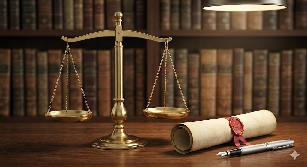 흐릿한 법률 고서 가득한 책장을 배경으로, 어두운 나무 책상 위에 놓인 완벽하게 균형 잡힌 황동 정의의 저울, 붉은색 밀봉 인장이 찍힌 두루마리 고문서, 그리고 만년필의 모습입니다.