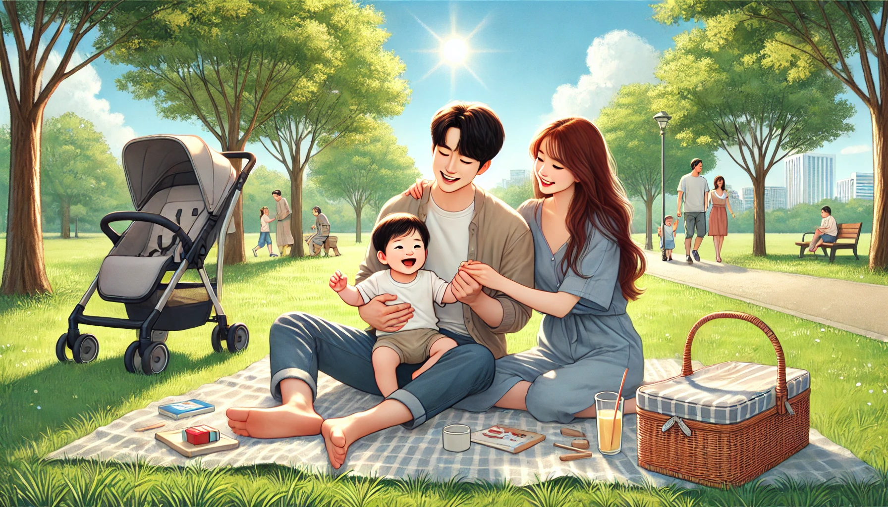 아기가 주말에 가족과 공원에서 피크닉을 즐기는 모습