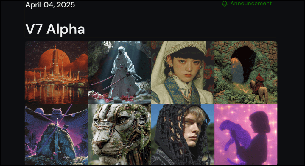Midjourney V7 업데이트 공지 페이지 스크린샷