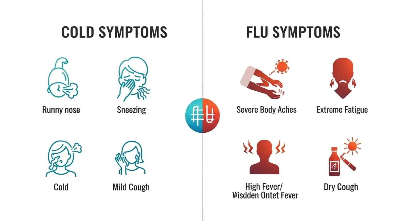 감기와 독감의 주요 증상 및 특징을 비교하는 표 형태의 인포그래픽 이미지.