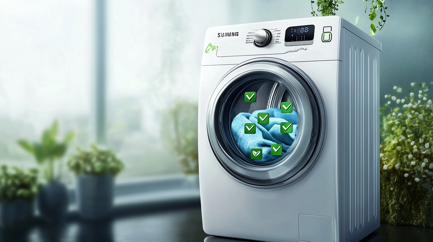 삼성 세탁기의 에너지 절약 기능을 설명하는 개념적인 일러스트로, 녹색 체크마크와 친환경 아이콘이 포함된 이미지입니다.