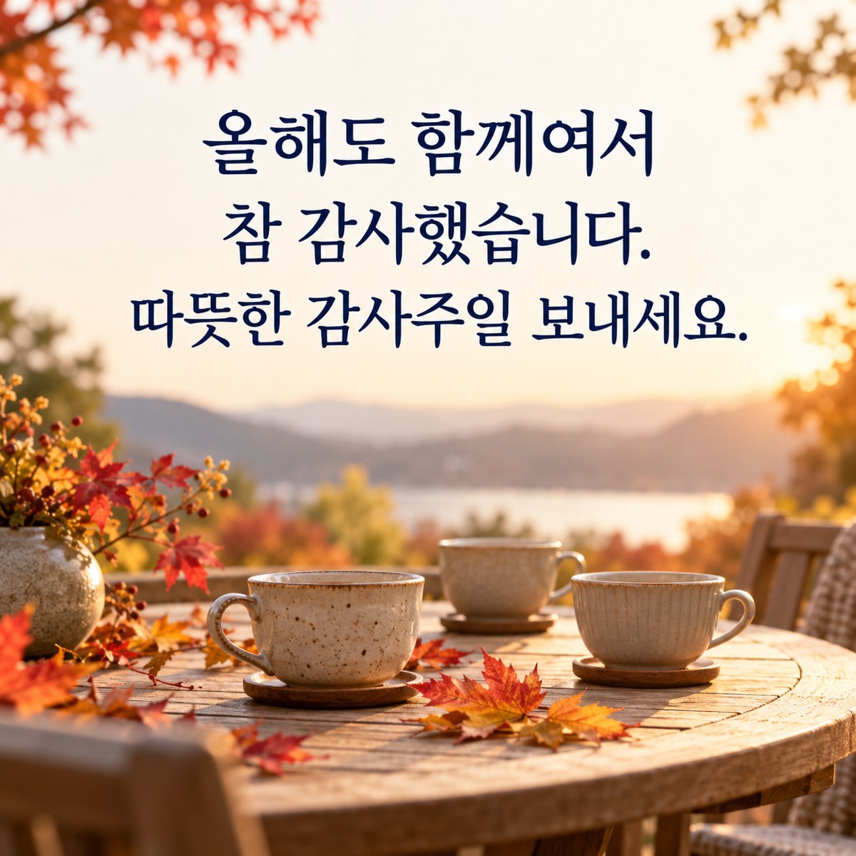 추수감사절 카톡 인사말 단체방 카드 &mdash; 가을 정원의 둥근 탁자와 여러 찻잔