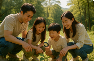 식물을 관찰하는 남자 아이와 함께 즐거워 하는 가족 모습