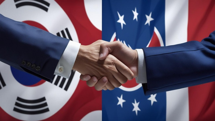 한국과 미국의 관세 협상 상황을 상징하는 국기와 협상 분위기 이미지