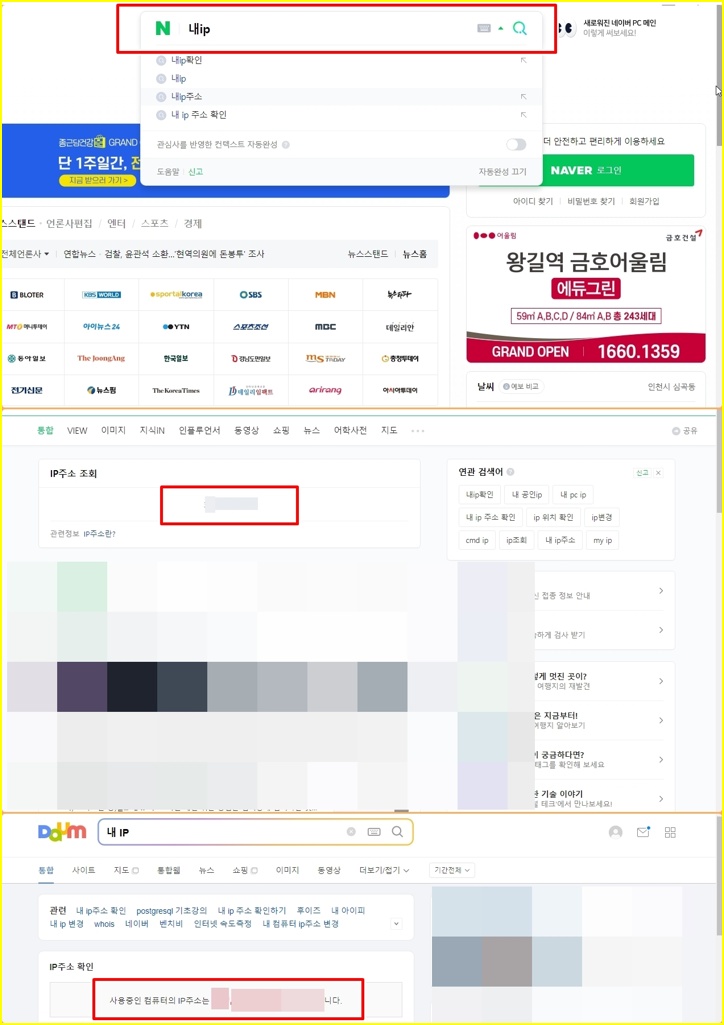 검색창에 내 IP검색하여 얻은 공인 ip 결과 화면