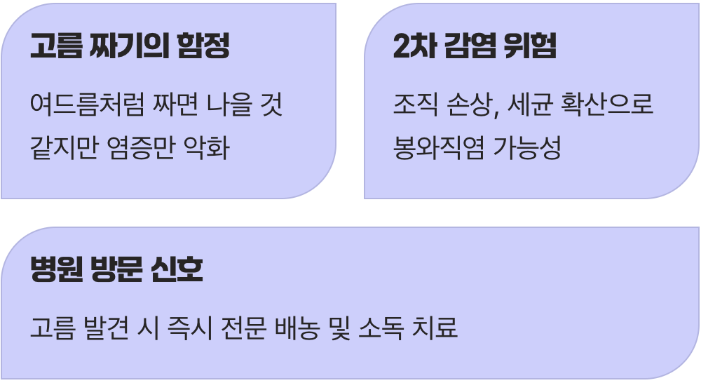 빨갛게 곪은 부위 억지로 짜내기